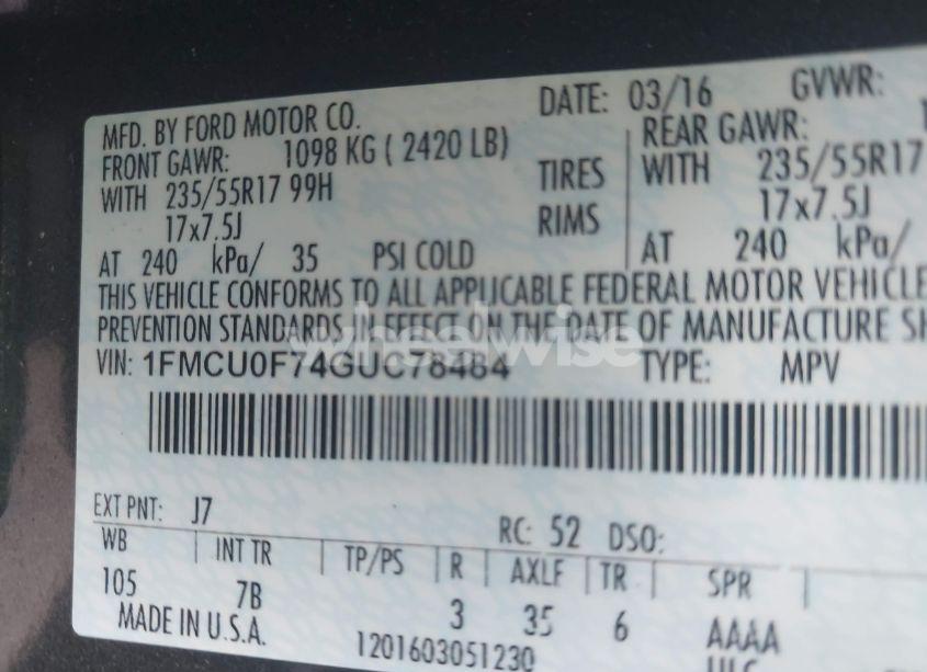 Photo 9 of 2016 Ford Escape S (VIN 1FMCU0F74GUC78484)