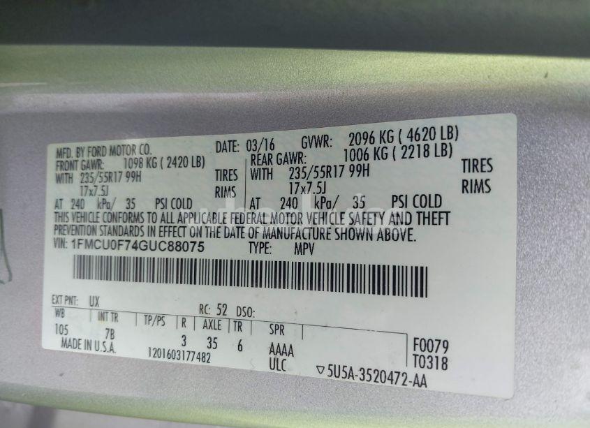 Photo 9 of 2016 Ford Escape S (VIN 1FMCU0F74GUC88075)