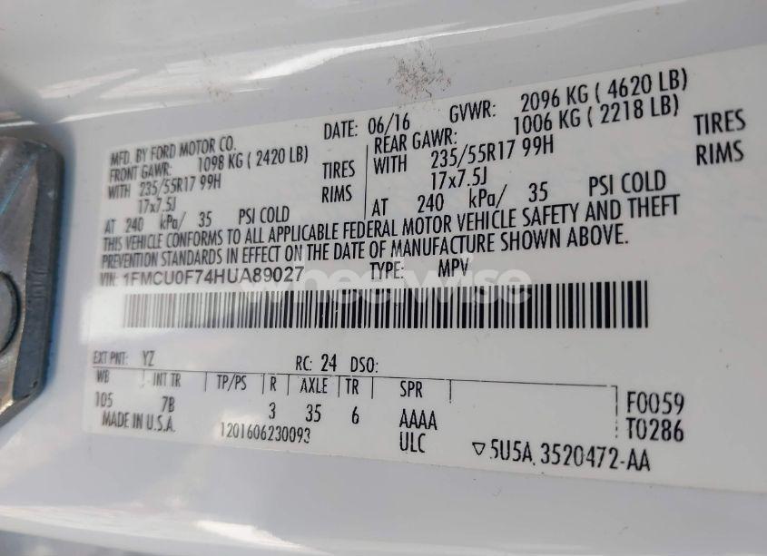 Photo 9 of 2017 Ford Escape S (VIN 1FMCU0F74HUA89027)