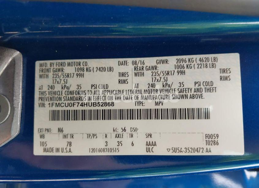 Photo 9 of 2017 Ford Escape S (VIN 1FMCU0F74HUB52868)