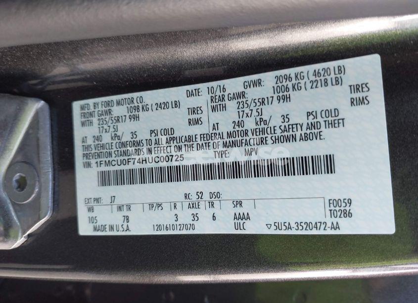 Photo 9 of 2017 Ford Escape S (VIN 1FMCU0F74HUC00725)