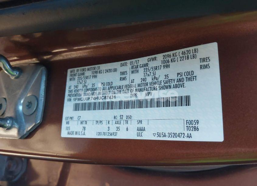 Photo 9 of 2017 Ford Escape S (VIN 1FMCU0F74HUC87431)