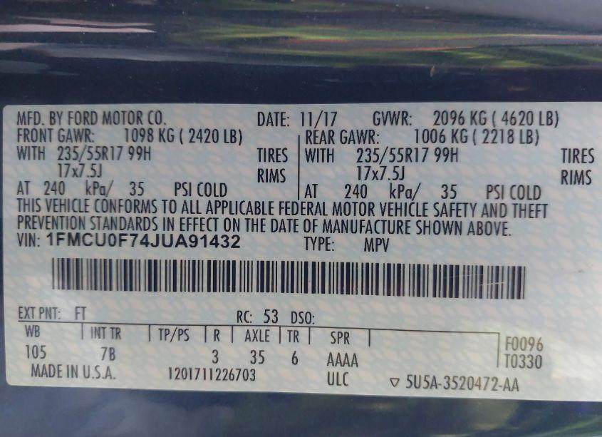 Photo 9 of 2018 Ford Escape S (VIN 1FMCU0F74JUA91432)