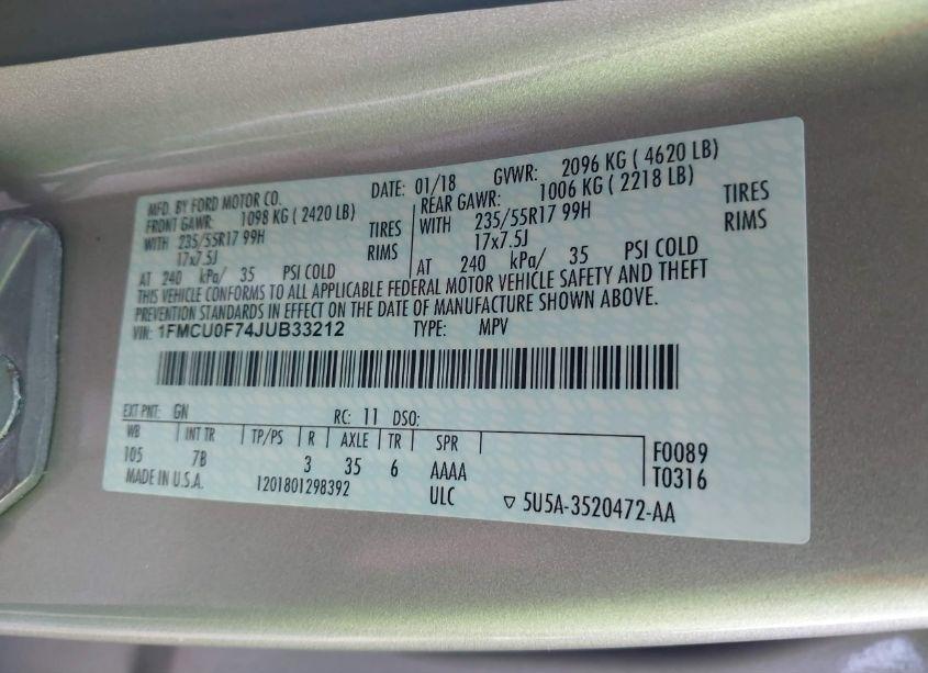 Photo 9 of 2018 Ford Escape S (VIN 1FMCU0F74JUB33212)