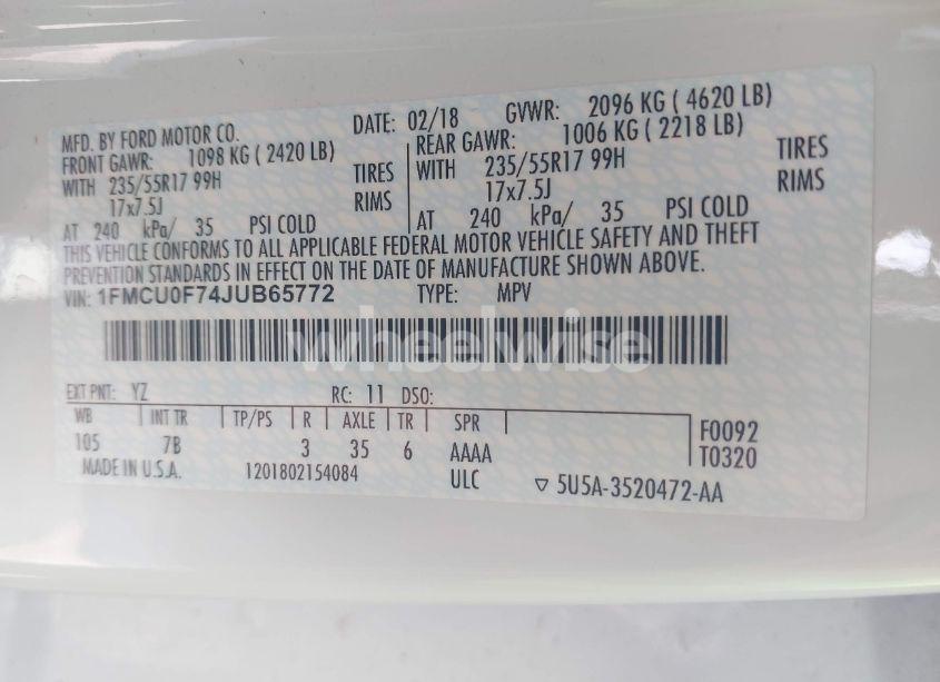 Photo 9 of 2018 Ford Escape S (VIN 1FMCU0F74JUB65772)