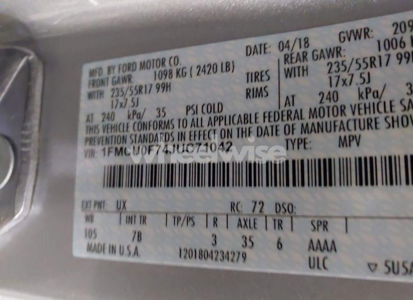 Photo 9 of 2018 Ford Escape S (VIN 1FMCU0F74JUC71042)