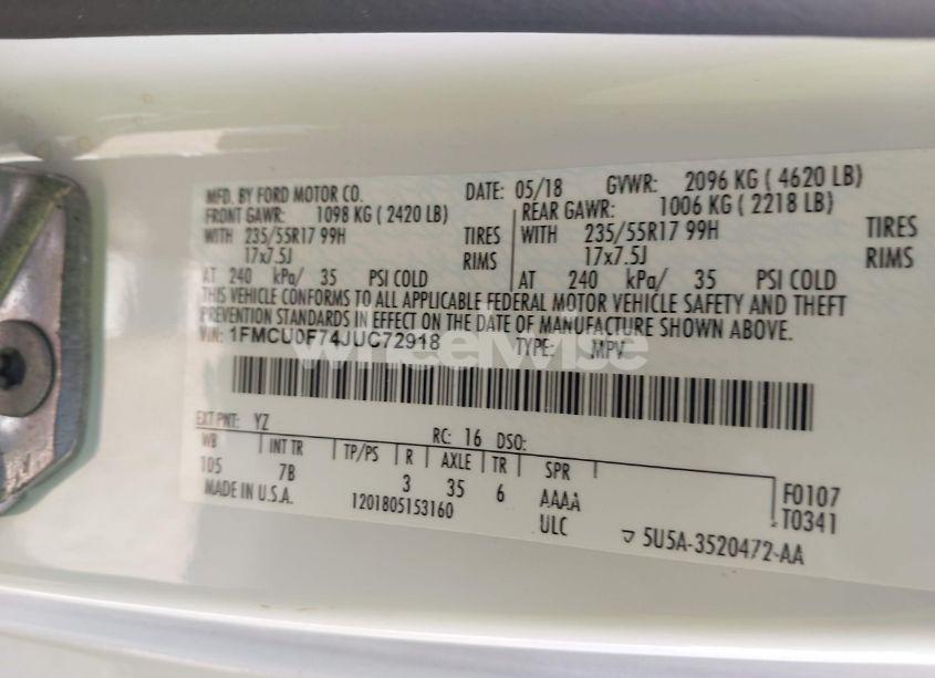 Photo 9 of 2018 Ford Escape S (VIN 1FMCU0F74JUC72918)