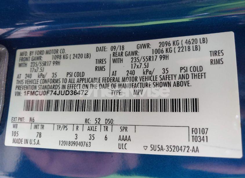 Photo 9 of 2018 Ford Escape S (VIN 1FMCU0F74JUD36472)