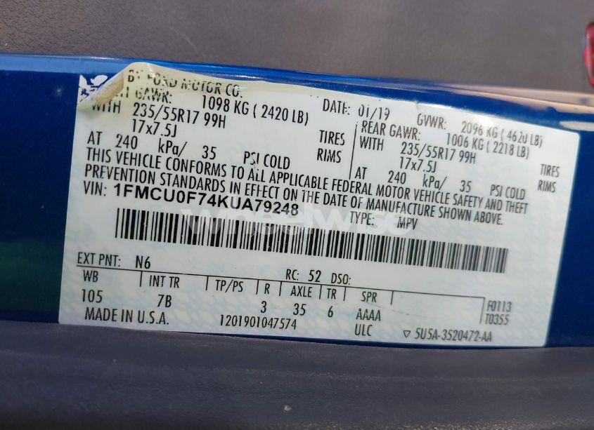 Photo 9 of 2019 Ford Escape S (VIN 1FMCU0F74KUA79248)