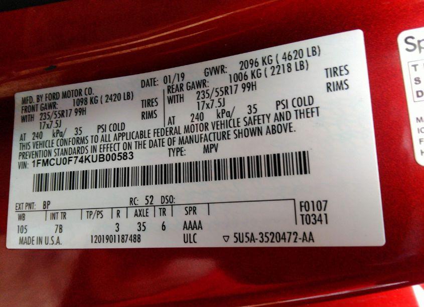 Photo 9 of 2019 Ford Escape S (VIN 1FMCU0F74KUB00583)