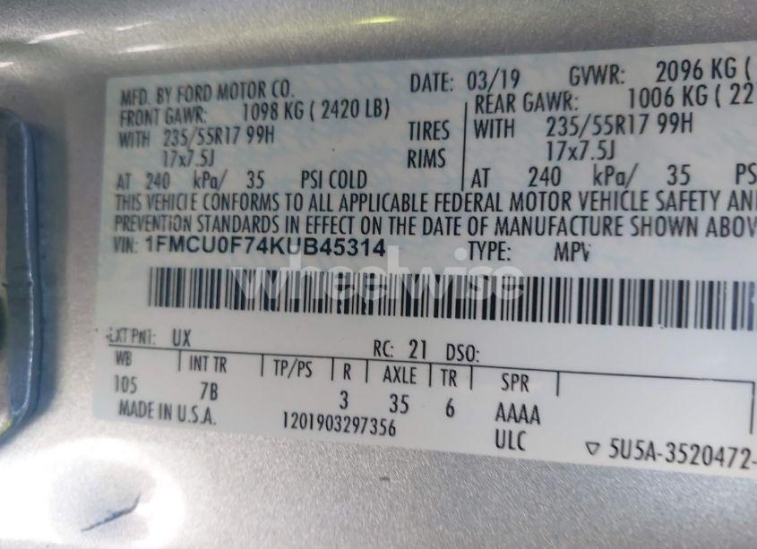 Photo 9 of 2019 Ford Escape S (VIN 1FMCU0F74KUB45314)