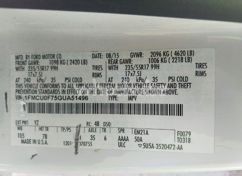 Photo 9 of 2016 Ford Escape S (VIN 1FMCU0F75GUA51496)