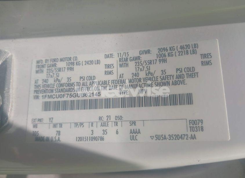 Photo 9 of 2016 Ford Escape S (VIN 1FMCU0F75GUB62145)