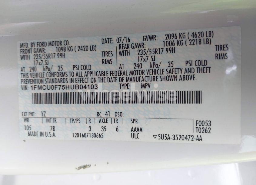 Photo 9 of 2017 Ford Escape S (VIN 1FMCU0F75HUB04103)