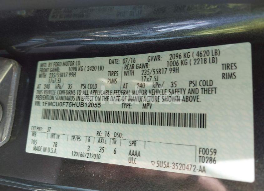 Photo 9 of 2017 Ford Escape S (VIN 1FMCU0F75HUB12055)