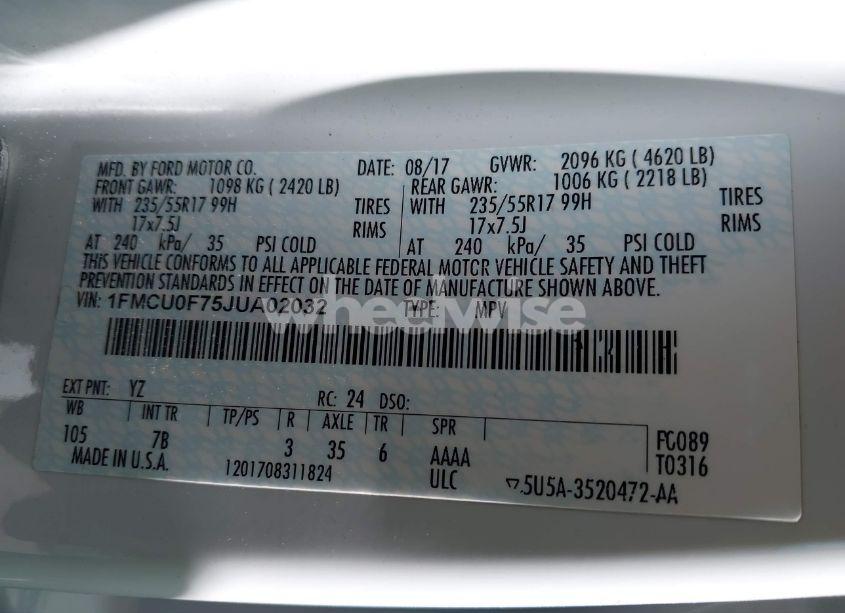 Photo 9 of 2018 Ford Escape S (VIN 1FMCU0F75JUA02032)