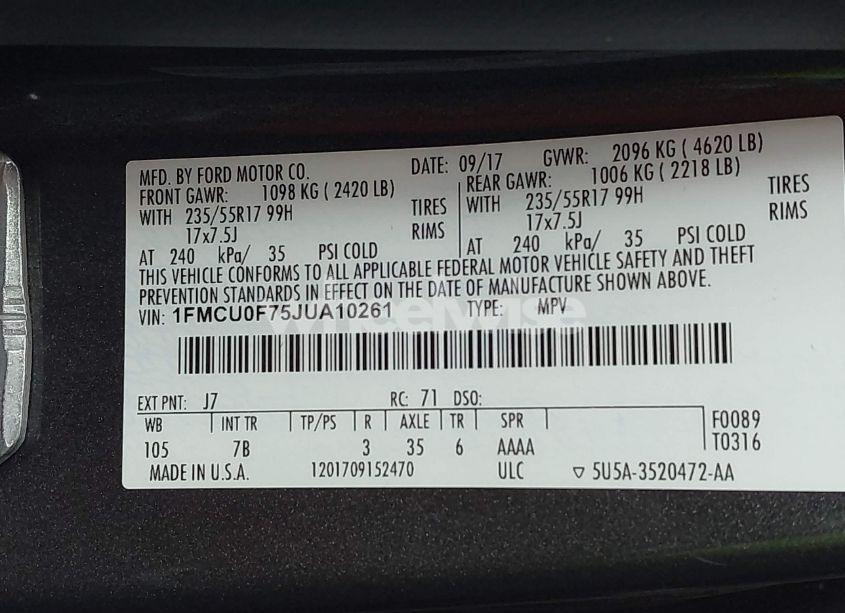 Photo 9 of 2018 Ford Escape S (VIN 1FMCU0F75JUA10261)