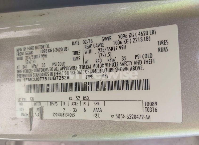 Photo 9 of 2018 Ford Escape S (VIN 1FMCU0F75JUB72536)