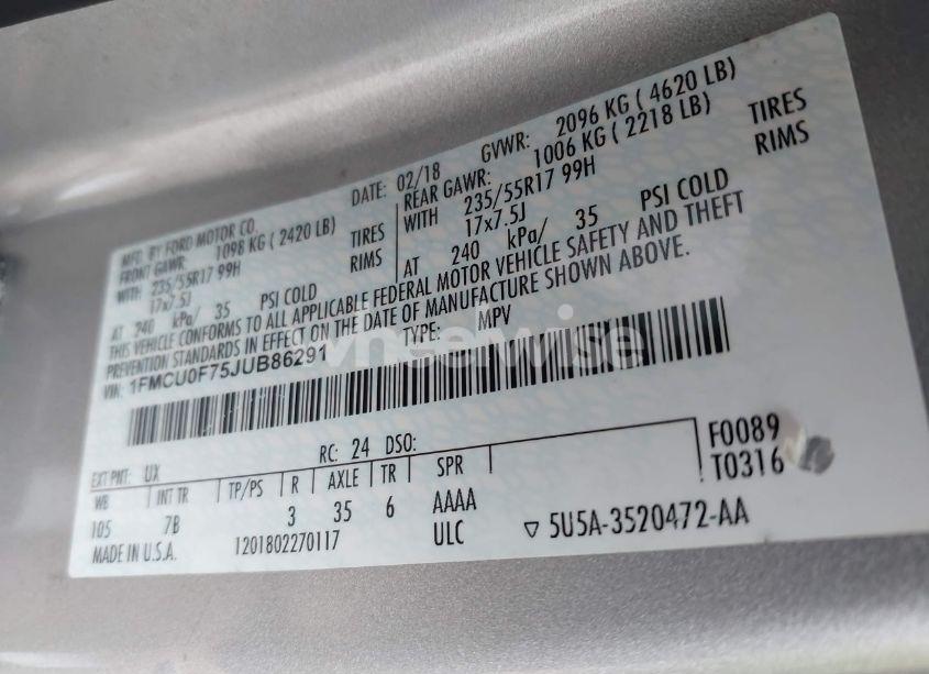 Photo 9 of 2018 Ford Escape S (VIN 1FMCU0F75JUB86291)