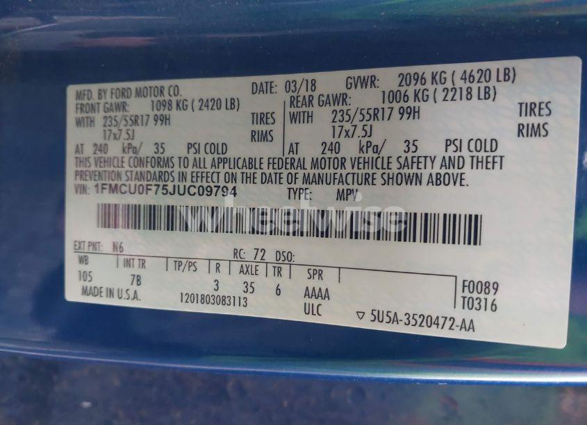 Photo 9 of 2018 Ford Escape S (VIN 1FMCU0F75JUC09794)