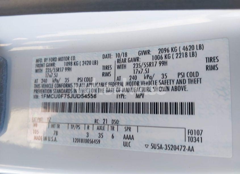 Photo 9 of 2018 Ford Escape S (VIN 1FMCU0F75JUD54558)