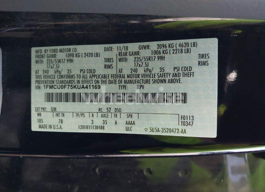 Photo 9 of 2019 Ford Escape S (VIN 1FMCU0F75KUA41169)