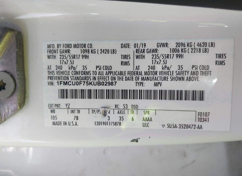 Photo 9 of 2019 Ford Escape S (VIN 1FMCU0F75KUB02987)