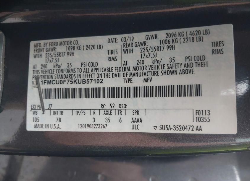 Photo 9 of 2019 Ford Escape S (VIN 1FMCU0F75KUB57102)