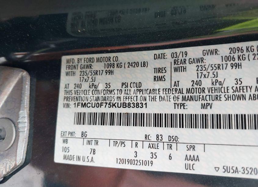 Photo 9 of 2019 Ford Escape S (VIN 1FMCU0F75KUB83831)