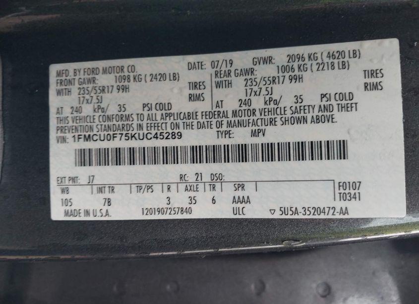 Photo 9 of 2019 Ford Escape S (VIN 1FMCU0F75KUC45289)