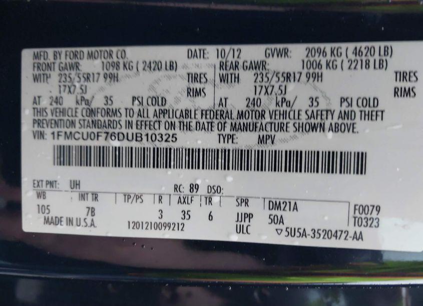 Photo 9 of 2013 Ford Escape S (VIN 1FMCU0F76DUB10325)