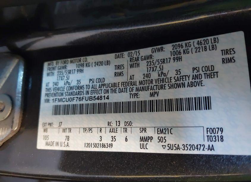 Photo 9 of 2015 Ford Escape S (VIN 1FMCU0F76FUB54814)