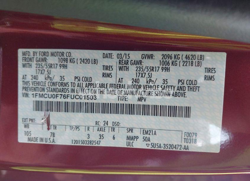 Photo 9 of 2015 Ford Escape S (VIN 1FMCU0F76FUC01503)