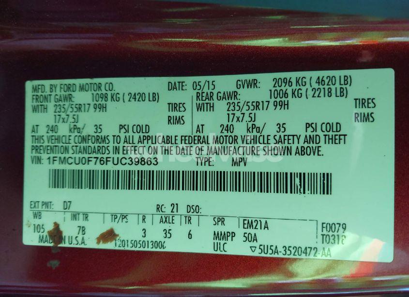 Photo 9 of 2015 Ford Escape S (VIN 1FMCU0F76FUC39863)