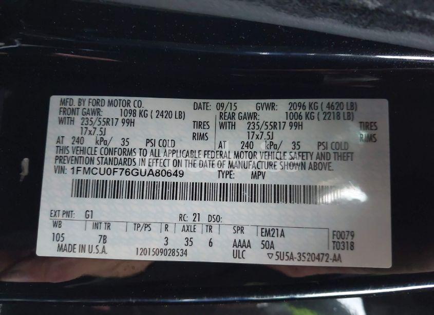 Photo 9 of 2016 Ford Escape S (VIN 1FMCU0F76GUA80649)