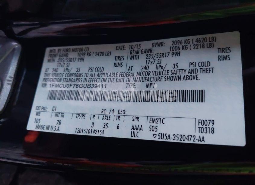 Photo 9 of 2016 Ford Escape S (VIN 1FMCU0F76GUB39411)