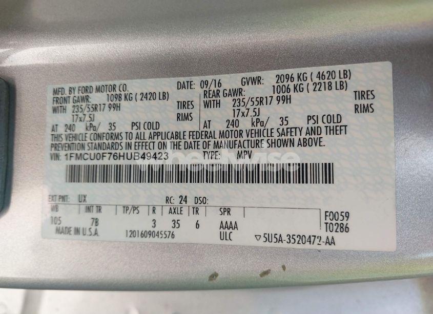 Photo 9 of 2017 Ford Escape S (VIN 1FMCU0F76HUB49423)