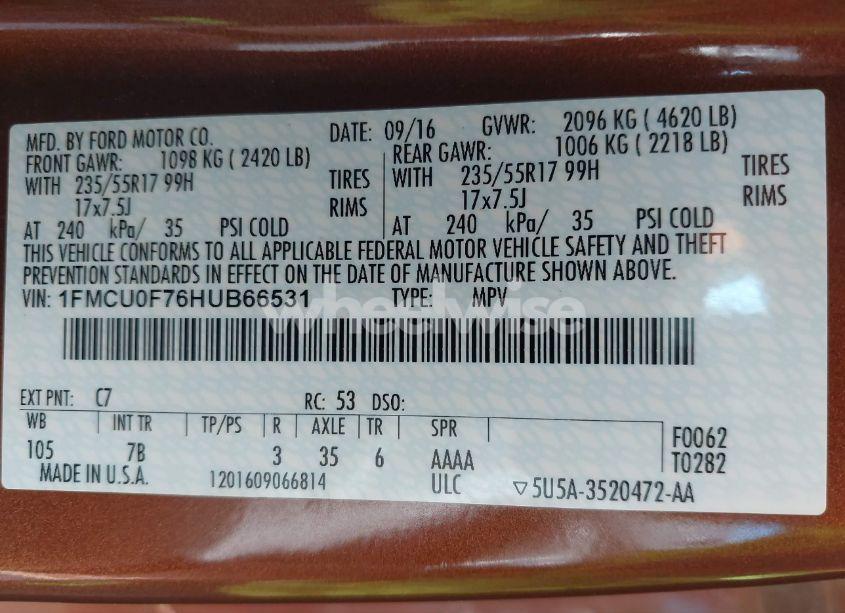 Photo 9 of 2017 Ford Escape S (VIN 1FMCU0F76HUB66531)