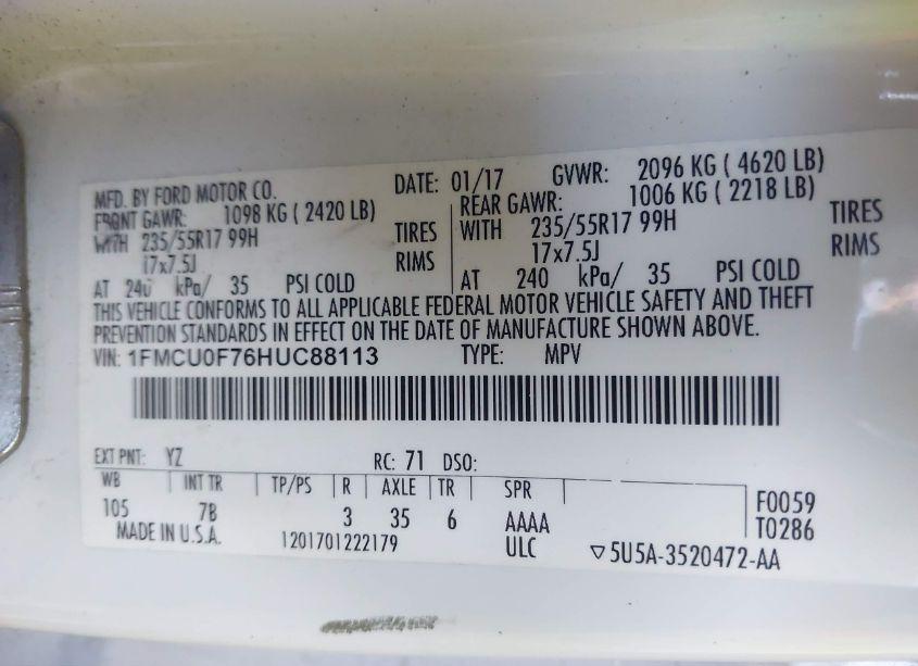 Photo 9 of 2017 Ford Escape S (VIN 1FMCU0F76HUC88113)