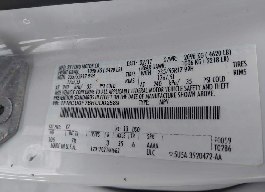 Photo 9 of 2017 Ford Escape S (VIN 1FMCU0F76HUD02589)