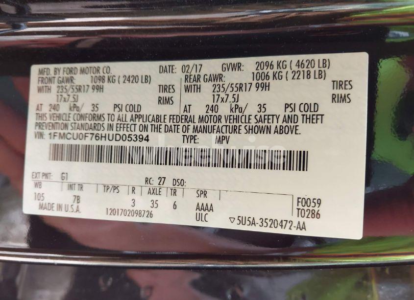 Photo 9 of 2017 Ford Escape S (VIN 1FMCU0F76HUD05394)