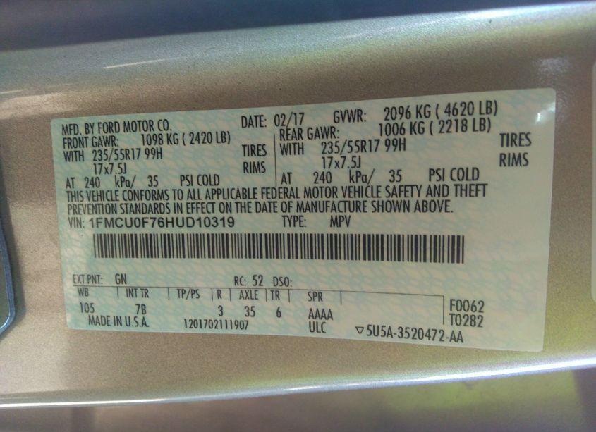 Photo 9 of 2017 Ford Escape S (VIN 1FMCU0F76HUD10319)