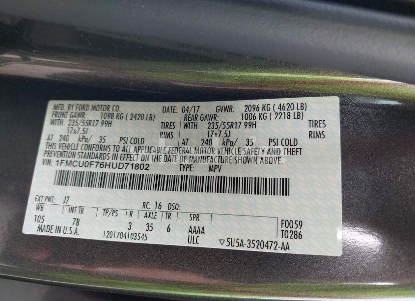 Photo 9 of 2017 Ford Escape S (VIN 1FMCU0F76HUD71802)