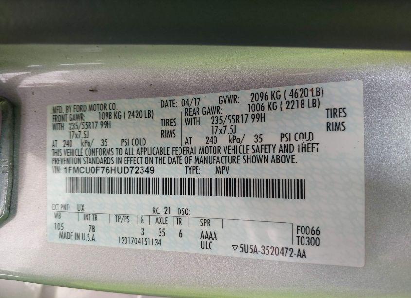 Photo 9 of 2017 Ford Escape S (VIN 1FMCU0F76HUD72349)