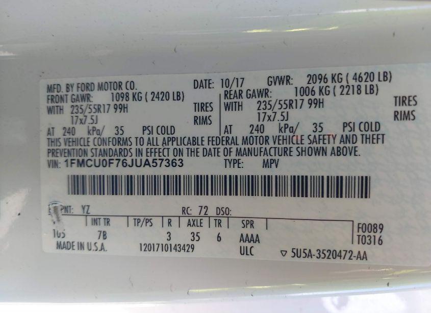 Photo 9 of 2018 Ford Escape S (VIN 1FMCU0F76JUA57363)