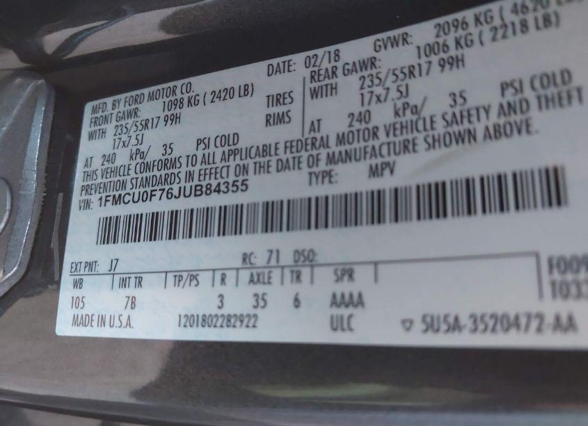 Photo 9 of 2018 Ford Escape S (VIN 1FMCU0F76JUB84355)