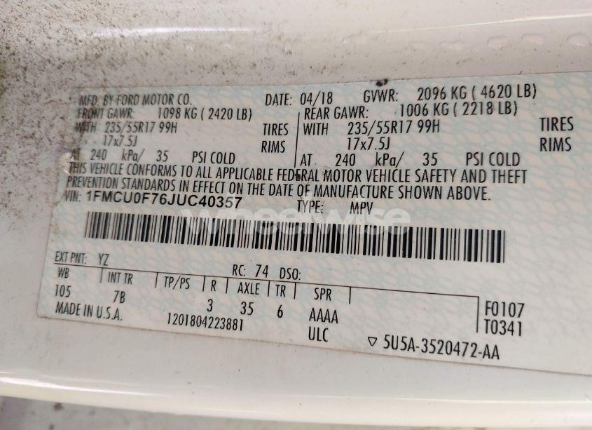 Photo 9 of 2018 Ford Escape S (VIN 1FMCU0F76JUC40357)