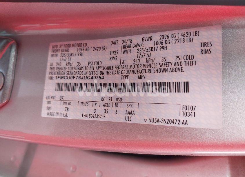 Photo 9 of 2018 Ford Escape S (VIN 1FMCU0F76JUC49754)