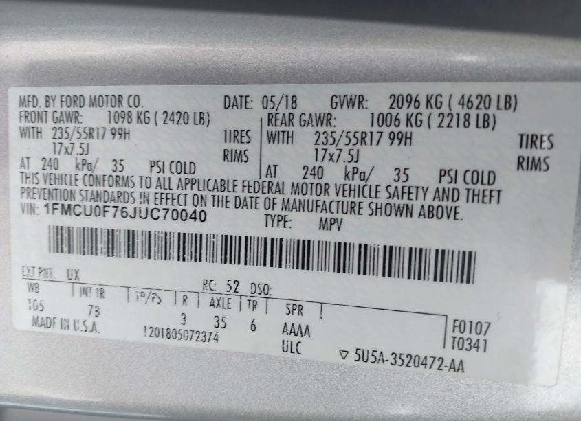 Photo 9 of 2018 Ford Escape S (VIN 1FMCU0F76JUC70040)