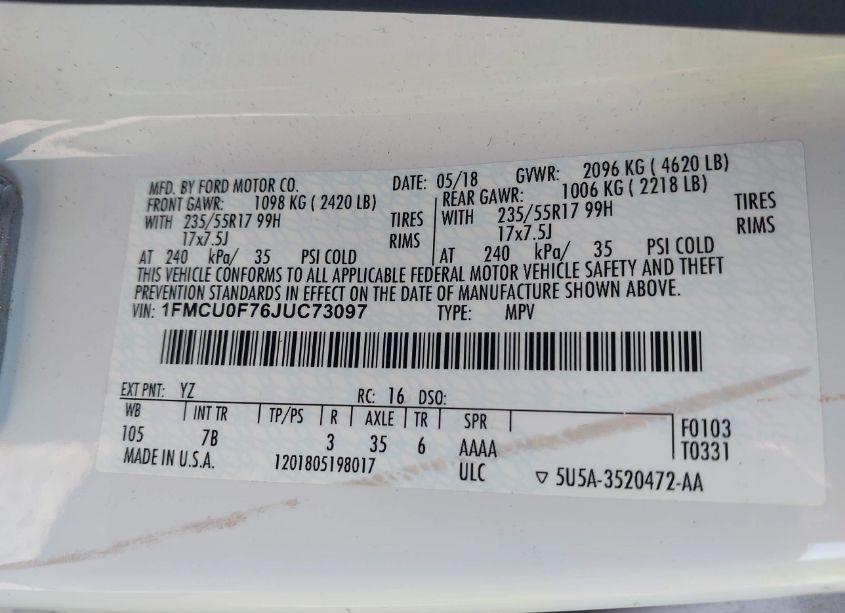 Photo 9 of 2018 Ford Escape S (VIN 1FMCU0F76JUC73097)